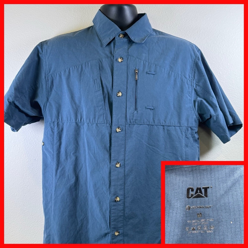 CAT Caterpillar Mens Short Sleeve Button Up Work Utility Shirt‎ Blue Size M